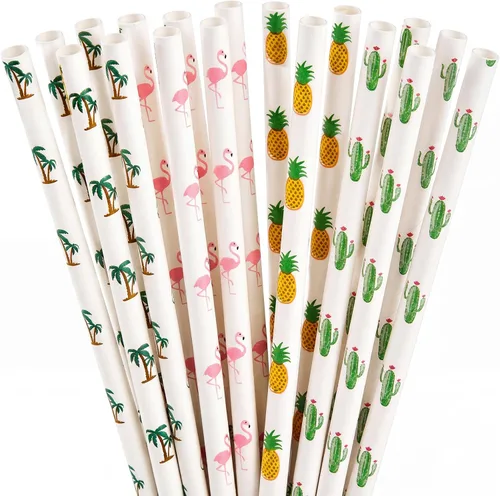 ALINK Paquete de 100 pajitas de papel tropicales – Pajitas biodegradables de 7.75 pulgadas para fiesta de Hawaii con diseños de flamenco, piña,