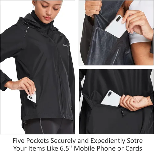 Miniatura 5 de BALEAF Chaquetas impermeables para mujer, cortavientos resistentes al viento, para correr, ligeras, reflectantes, plegables, con capucha