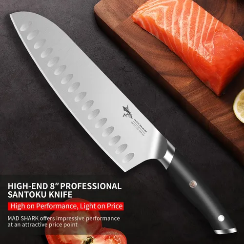 Miniatura 2 de Mad Shark - Cuchillo de chef profesional Santoku de 8 pulgadas, de acero inoxidable alemán de alto carbono, antiadherente, ultra afilado, con mango