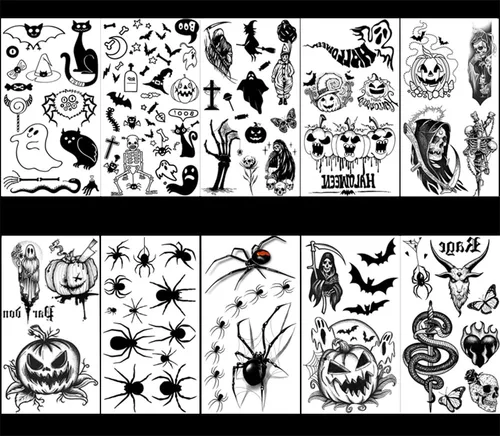 Miniatura 2 de 10 hojas de tatuajes temporales de Halloween para mujeres y hombres, calavera negra de terror, fantasma, araña, tatuajes falsos 3D, calcomanías
