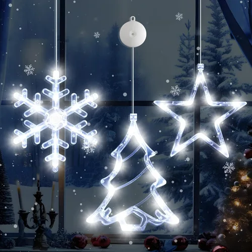 Miniatura 12 de LYUBASA Paquete de 3 luces de Navidad para ventana con temporizador, alimentadas por baterías, lechón LED multicolor para árbol de Navidad