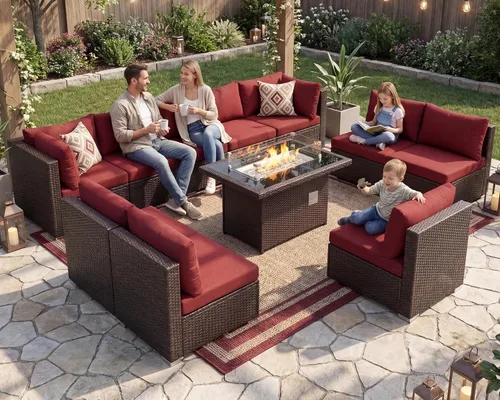 Miniatura 96 de NICESOUL Juego de muebles de patio para exteriores de 7 piezas con mesa para hoguera, gas natural y propano convertible, respaldo alto de 29.3