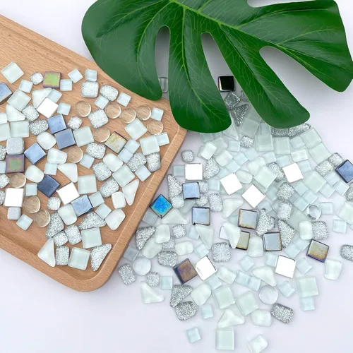 Miniatura 2 de LITMIND Azulejos de mosaico de cristal irregular plateado blanco surtidos, paquete de valor de 9oz - Perfecto para manualidades artísticas, Serie