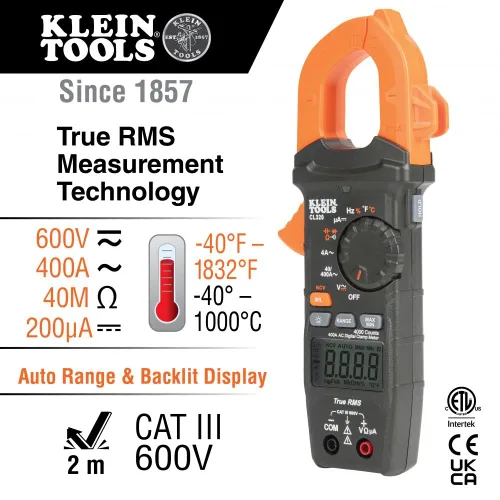 Miniatura 3 de Klein Tools CL320 - Abrazadera digital, HVAC AC de rango automático de 400 A y RT250 GFCI con pantalla LCD, probador de voltaje eléctrico