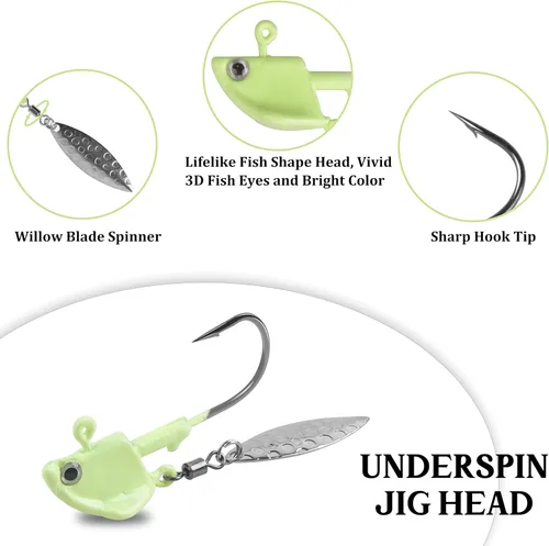 Miniatura 2 de Jig Heads anzuelos de pesca, 10 piezas de Walleye Jigs Spinner Baits Underspin Jig Heads con hoja de sauce colorido pintado resplandor plantillas