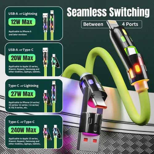 Miniatura 2 de Cable USB C a Lightning, cable de carga 4 en 1 de 240 W, 5 pies, cable de carga múltiple USB A/C a C/Lightning con luz para iPhone 16/15/14/13