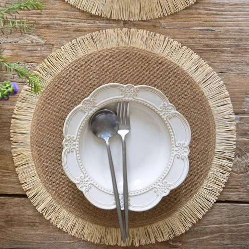 Miniatura 5 de FunWheat Juego de 12 manteles individuales redondos de arpillera trenzados para mesas de comedor de 15 pulgadas, resistentes al calor, tela tejida