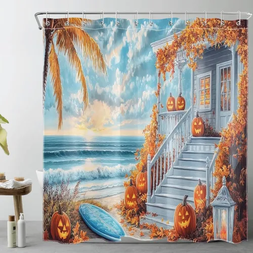 Miniatura 16 de LB Cortina de ducha de feliz Halloween para baño, flamenco rosa y calabaza naranja con sombrero mágico, cortina de ducha de tela con ganchos, juego