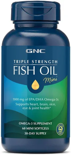 GNC Suplemento de aceite de pescado de triple fuerza, mini Omega 3, 1000 mg de EPA y DHA, apoya la salud del corazón, el cerebro, la piel, los ojos
