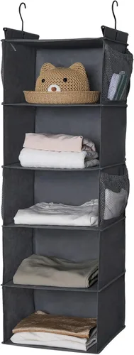Miniatura 7 de MAX Houser Organizador de armario colgante de 5 estantes, ahorro de espacio, estantes colgantes de tela con 4 bolsillos laterales, plegable, gris