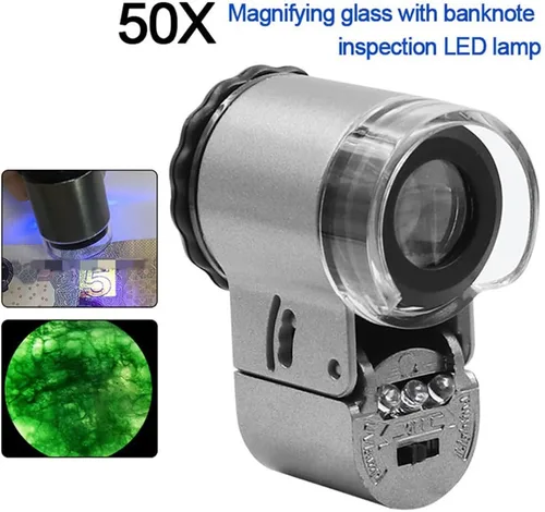 Miniatura 2 de Lupa de joyería de bolsillo 50X mini lupa de joyería con luz LED UV, lupa portátil para ojos, lupa de moneda, microscopio de mano para joyería