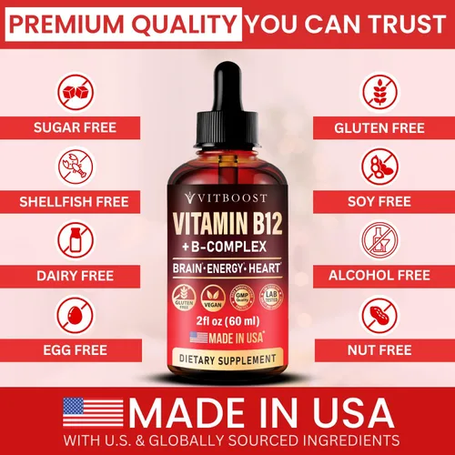 Miniatura 4 de Vitamina B12 vegana con complejo B de 20000 mcg, extra fuerte para hombres y mujeres, gotas líquidas de frambuesa, fabricadas en Estados Unidos, B1