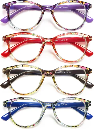 Lentes de lectura de moda de ojo de gato para mujer, paquete de 4 lectores de patrón floral con bisagras de resorte, marco ligero y cómodo,