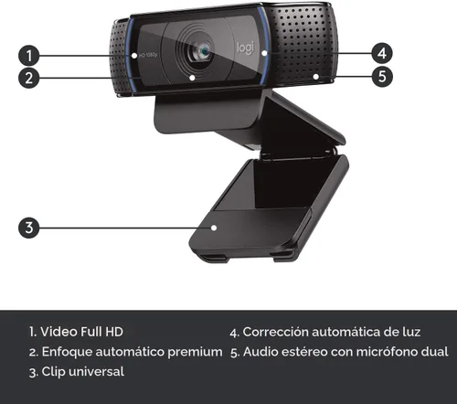 Miniatura 6 de Cámara web HD Pro C920 Logitech, visualización panorámica 1080P videollamadas y grabación, Negro