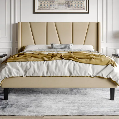 HOOMIC Base de cama tapizada de tamaño matrimonial con cabecera geométrica moderna con respaldo de ala, listones de madera, no necesita somier, base