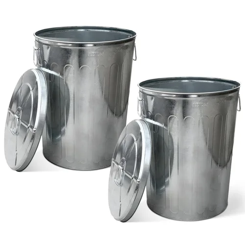 Plexon Bote de basura con tapa – Bote de basura pregalvanizado con tapa redonda, acero, 20 galones, gris, se vende como paquete de 2 – Bote de