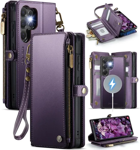 Miniatura 16 de Defencase Funda tipo cartera ultra magnética para Samsung Galaxy S22 compatible con Magsafe con cremallera de bloqueo RFID y tarjetero para mujer