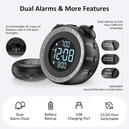 Miniatura 6 de uscce Reloj despertador fuerte dual con agitador de cama - Atenuador 0-100%, reloj despertador vibratorio para personas que duermen pesadas