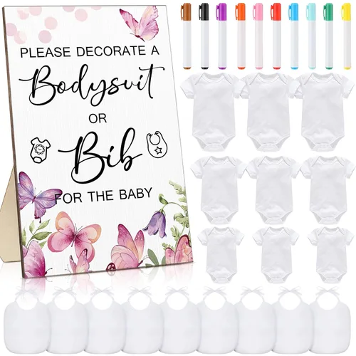 Miniatura 9 de Roowest 35 Piezas Baberos para Baby Shower Juegos Diseño Letrero de Madera para Juego de Fiesta de Baby Shower DIY Letrero de Body 15 Baberos