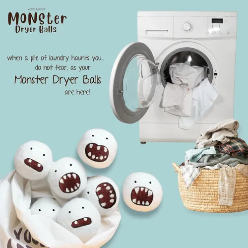 Miniatura 4 de Woolbuddy Monster Dryer Balls (paquete de 6) - Lindos personajes de lana hechos a mano, suavizante de tela natural, regalo ecológico para familias