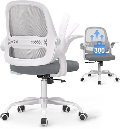 Silla de oficina ergonómica de malla para oficina en casa, brazos abatibles, respaldo de malla transpirable y cojín de asiento grueso, silla de Gris