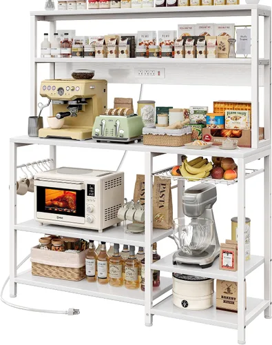 Miniatura 15 de SUPERJARE Estante de panadería con toma de corriente, barra de café de 35.4 pulgadas con canasta de alambre, soporte para microondas de cocina con 6