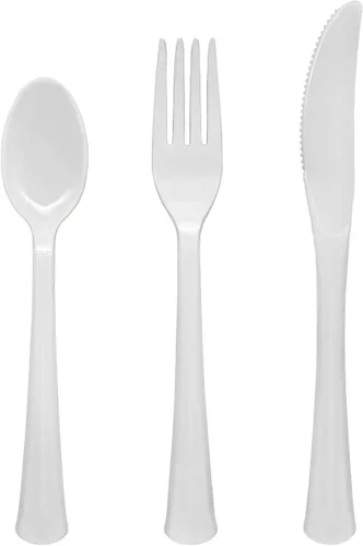 Miniatura 5 de Party Essentials Paquete combinado de cubiertos de plástico duro extra resistente, cuchillos, tenedores, cucharas, negro, 96 piezas/32 lugares