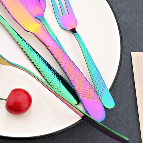 Miniatura 6 de JASHII Rainbow - Juego de cubiertos martillados, 20 piezas de utensilios de cocina de acero inoxidable de alta calidad, para 4, incluye tenedor