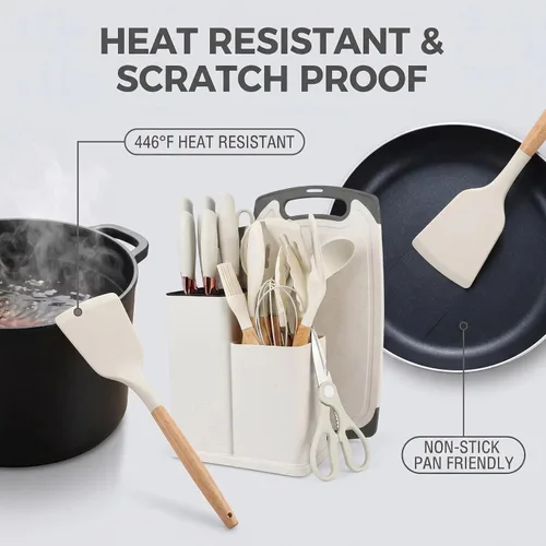 Miniatura 6 de Juego de utensilios de cocina de silicona de 19 piezas, herramientas de cocina resistentes al calor, cuchillos de acero inoxidable con asas