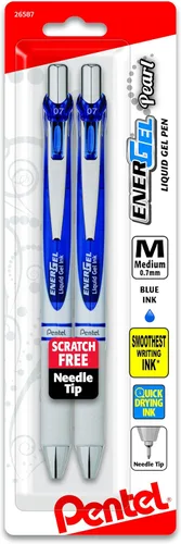 Pentel EnerGel Pearl - Bolígrafo de gel líquido retráctil, punta de aguja (0,7 mm), trazo medio, tinta azul, paquete de 2 unidades (BLN77WBP2C)