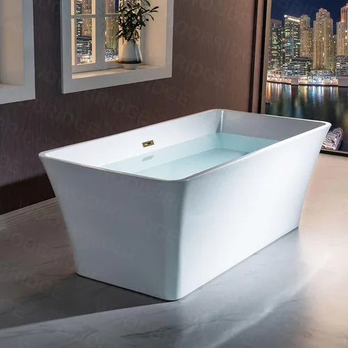 Miniatura 2 de WOODBRIDGE Bañera de acrílico independiente de 67 pulgadas, bañera blanca de remojo contemporáneo con desbordamiento y drenaje de oro cepillado