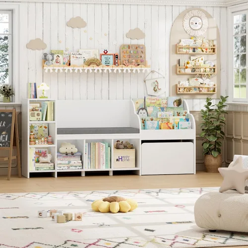 Miniatura 3 de HOSTACK Rincón de lectura para niños de 67 pulgadas de ancho con organizador de almacenamiento de juguetes, estantería grande para niños con caja