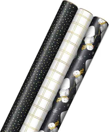 Miniatura 8 de Hallmark - Papel de regalo de Navidad negro con líneas de corte en el reverso (3 rollos: 11.2 m2) Papá Noel retro, cuadros de búfalo blanco y negro