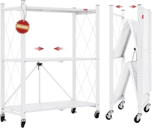 Miniatura 12 de DEANIC Estantes de almacenamiento plegables de 3 niveles con ruedas, soporte para electrodomésticos de cocina, estante de alambre de metal Gris
