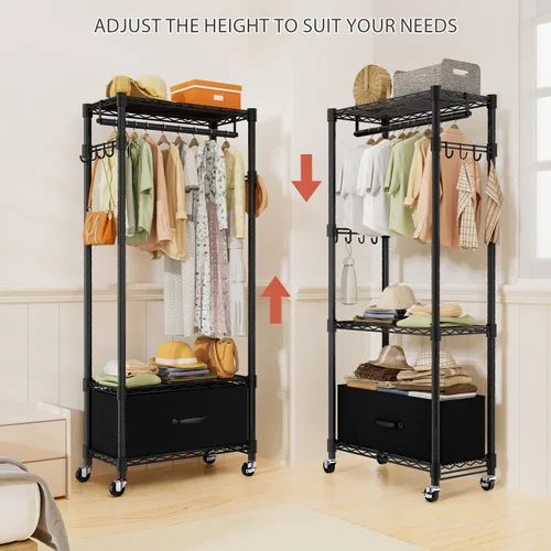 Miniatura 3 de VyGrow Perchero de Ropa, Perchero de Ropa para Colgar Ropa, Sistema Organizador de Closet Ajustable de 3 Niveles con Cajón Barra para Colgar