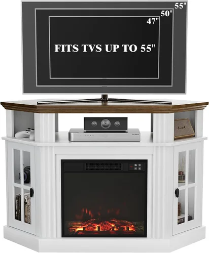 Miniatura 8 de Furmax Soporte esquinero para TV con chimenea de hasta 55 pulgadas, consola moderna con chimenea eléctrica de 18 pulgadas, centro de entretenimiento