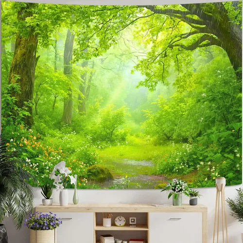 Miniatura 13 de Kanuyee Tapiz de bosque verde, tapiz de paisaje para pared, tapices de naturaleza para techo y pared, colgante para dormitorio, sala de estar