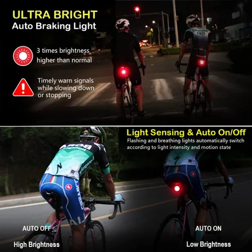 Miniatura 3 de Padonow Luz trasera de bicicleta inteligente: luces intermitentes de encendido/apagado automático, linterna de advertencia LED con parte trasera