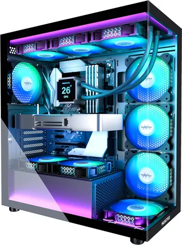 MUSETEX Carcasa ATX para PC, 7 ventiladores PWM ARGB preinstalados, carcasa de computadora de torre media tipo C con vista completa de vidrio