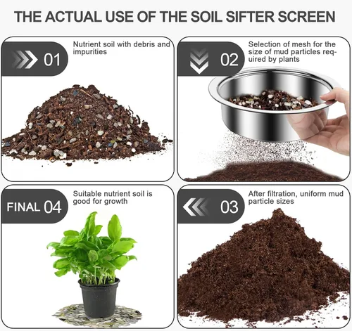 Miniatura 3 de Juego de tamiz de suelo bonsái para jardinería, tamiz de suelo con 5 mallas intercambiables (0.039 in, 0.118 in, 0.197 in, 0.276 in, 0.354 in)