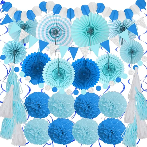 ZERODECO Decoraciones de fiesta, 41 piezas, abanicos de papel azul, pompones, guirnaldas, cuerda, papel de seda, borlas para fiesta en casa,