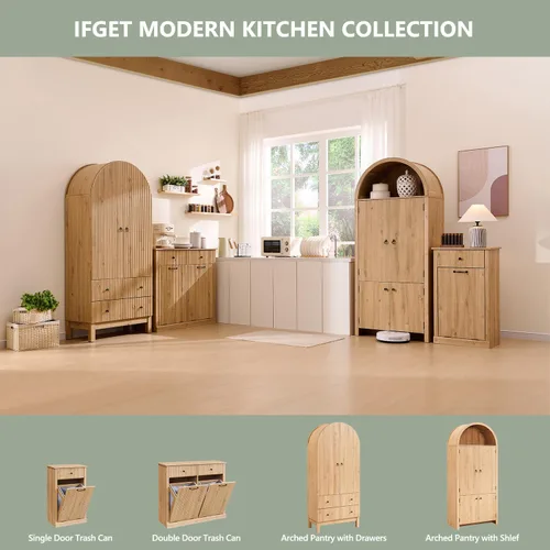 Miniatura 6 de IFGET Despensa de cocina arqueada de 71 pulgadas de alto, moderno armario de almacenamiento de madera estriada con puertas, 3 estantes ajustables, 6