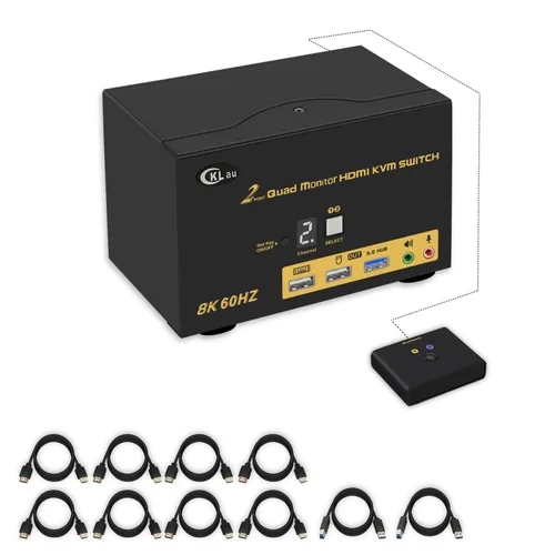 Miniatura 10 de Conmutador HDMI KVM de 2 puertos Triple Monitor 8K@60Hz, 4K @144Hz para 3 Monitores 2 Computadoras Compartir Teclado y Ratón Soporte Emulación EDID