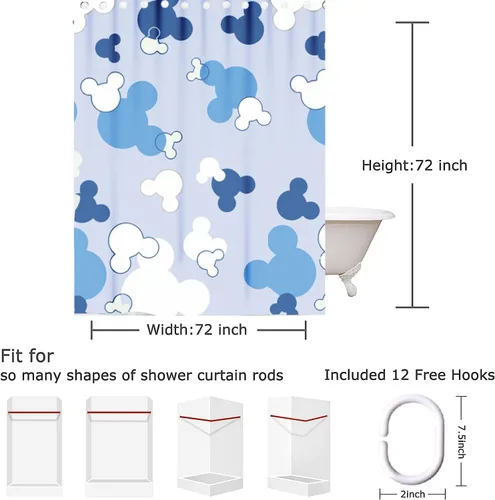 CC-1 - Cortina de ducha con cabeza de ratón de dibujos animados, juegos de cortinas de baño para niños, decoración de bañera de poliéster Azul
