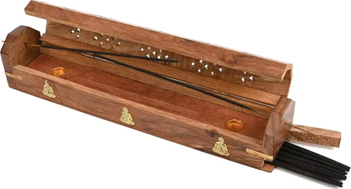 Miniatura 2 de Paquete de 2 soportes para varillas de incienso, estilo ataúd, quemador de incienso de madera con incrustaciones de BUDDHA (NATURAL) hecho a mano