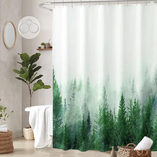 Miniatura 21 de ORTIGIA 36x72 Cortina de ducha de bosque nebuloso para baño pequeño, cortina de ducha estrecha de naturaleza y bosque en blanco y negro con ganchos