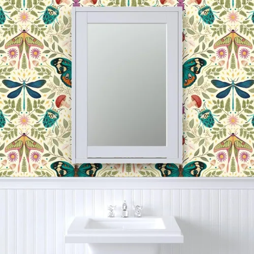 Miniatura 9 de Muestra de papel tapiz extraíble – insecto damasco insecto botánico grande Jumbo polilla mariposa bosque hongo beige verde azul papel pintado