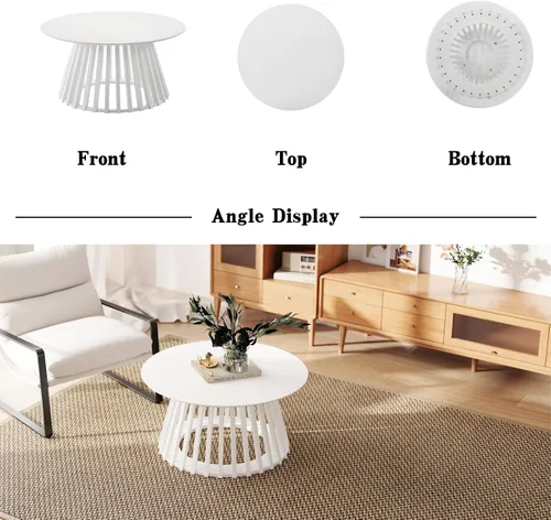 Miniatura 8 de DUOMAY Moderna mesa de centro redonda de madera maciza con base geométrica, mesa central de madera resistente para sala de estar, salón, oficina