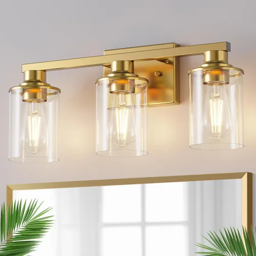 Miniatura 32 de DORESshop Lámparas de baño, 3 luces negras y doradas para baño sobre espejo con pantalla de vidrio transparente, luces de tocador para baño, Negro