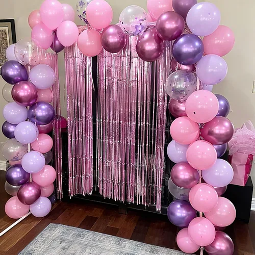 Miniatura 8 de Globos rosados y morados, 50 unidades de 12 pulgadas, globos de confeti, globos de látex metálicos rosados y morados con cinta, globos de fiesta